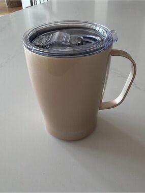 Insulated Tan Travel Mug with Handle and Clear Lid